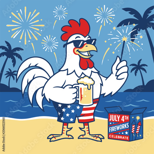 Rooster Celebrating July 4th at the Beach with Fireworks and a Cold Beer