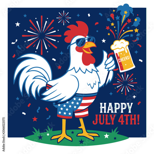 Rooster Wearing Sunglasses and American Flag Shorts Toasts July 4th Celebration