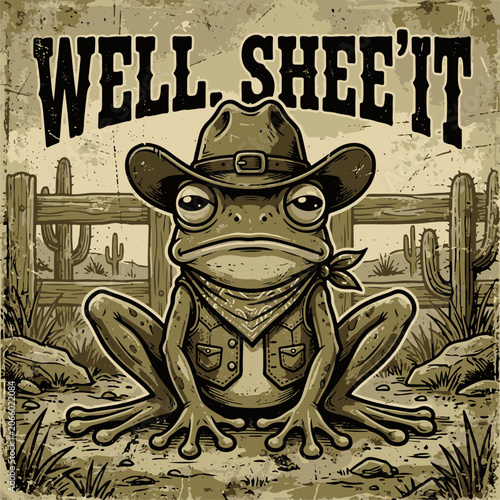 Western Cowboy Frog Cartoon in Vintage Desert Scene with Text Well Sheeit for Apparel