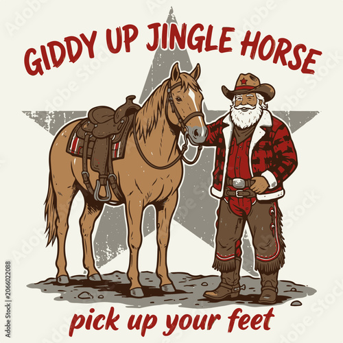 Western Santa Claus Standing Proudly with His Horse Giddy Up Jingle Horse Holiday Art