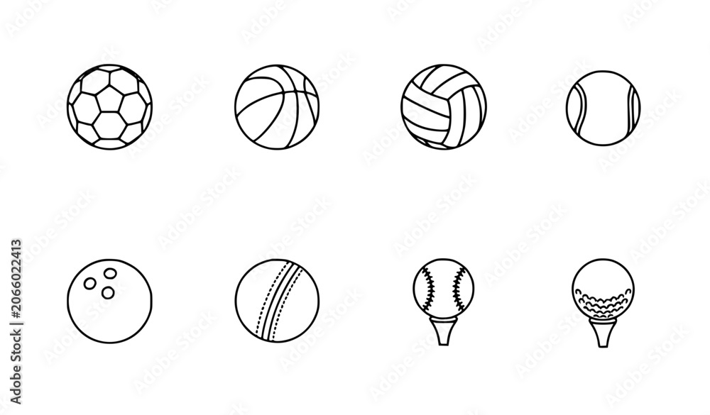 Fototapeta premium Black and white sports ball outline icon collection vector isolated on white background