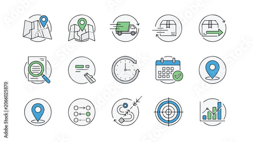 Business icons with clocks and graphs.