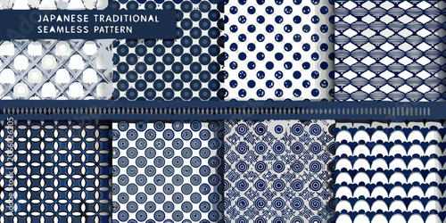 Japanese traditional seamless patterns in blue and white coloration