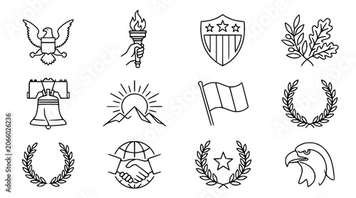 Quadro su tela American Symbols Icons Set: Eagle, Torch, Shield, Bell, Flag, Laurel Wreath, Glo