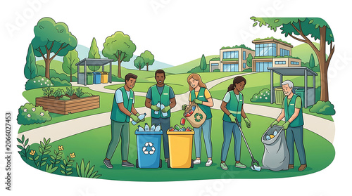 Diverse group of volunteers in a park cleaning and recycling with modern buildings in the background, promoting environmental awareness and sustainability
