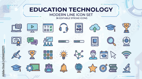Education technology modern line icon set with 36 editable stroke symbols.