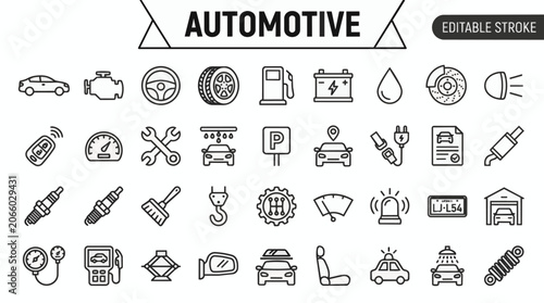 Automotive editable stroke icon set with 36 line icons for car services.
