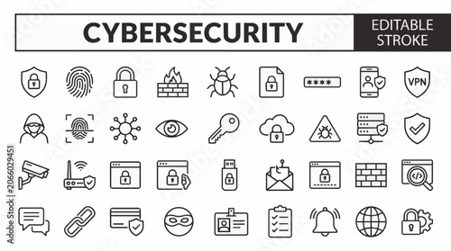 Cybersecurity editable stroke icon set with 36 line icons for digital protection.