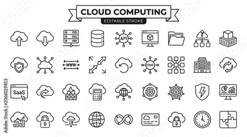 Cloud computing editable stroke icon set with 36 line icons for digital services.
