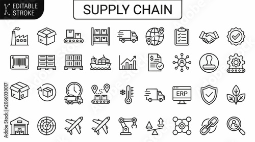 Supply chain logistics and management editable stroke icons set.