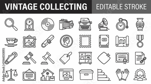 Vintage collecting icons editable stroke for antique enthusiasts.
