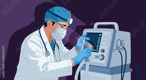 Medical Professional Adjusting Ventilator, Critical Care Treatment, Respiratory Support Concept