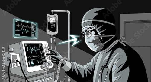 Medical Professional Adjusts Critical Life Support Machine Displaying Vital Signs Data