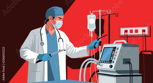 Medical Professional Adjusting Ventilator, Critical Care, Illustration on A Red Background