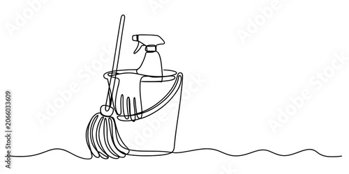 Bild auf Leinwand Continuous single line drawing of a cleaning bucket with a mop, spray bottle and