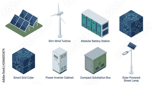 Collection of isometric renewable energy and smart grid technology icons, including solar panels, wind turbine, battery station, inverter, substation, and street lamp.