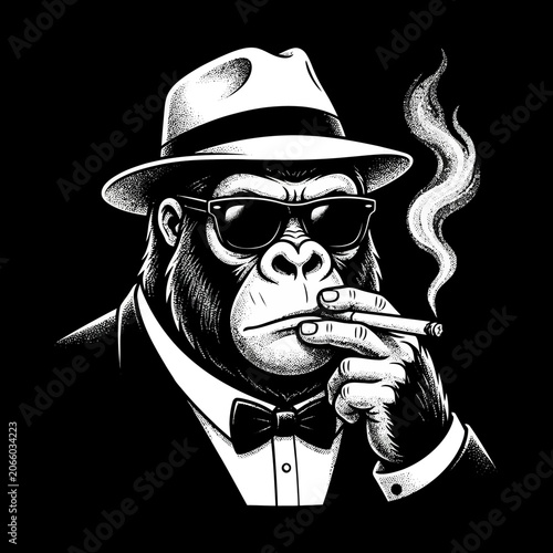 Photography Smoking gorilla in suit and hat.