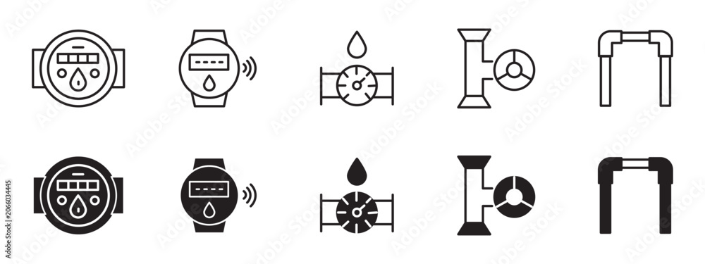 Fototapeta premium Water Meter Icon Set, Fluid Flow Gauge and Plumbing Pipeline Utility Measure Vector Symbols