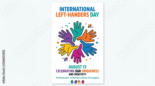 International Left-Handers Day, August 13, colorful hand icons, celebration poster, vector illustration