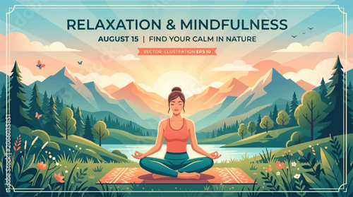Mindfulness meditation, yoga in nature, serene landscape, relaxation concept, wellness illustration