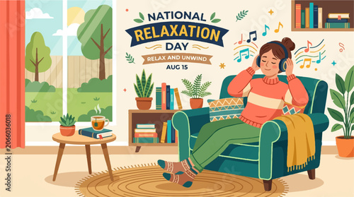 National Relaxation Day, woman relaxing on armchair, home interior, calming atmosphere, leisure activities