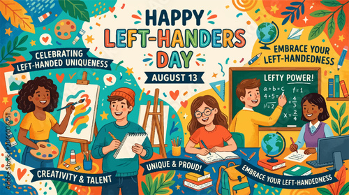 Left Handers Day, Celebrating Left-Handed People, Handedness Awareness, Colorful Illustration