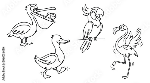 Konstfotografi Cartoon bird coloring page set with 4 vector characters, cute pelican with fish,