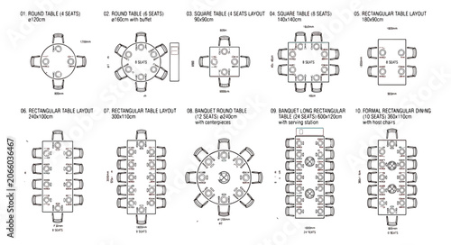 Architectural floor plan icons of table layouts, set of 10 dining furniture arrangements for interior design, banquet and restaurant seating symbols