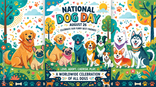 National Dog Day, dog illustrations, colorful, vector graphics, pet celebration