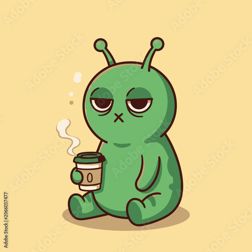 Green Alien Holding Coffee Cup.