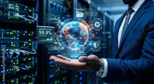 Close up view of a corporate businessman holding a glowing global network tracking hologram globe inside a server room