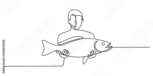Tableau sur toile Continuous line drawing of a man holding a large fish caught during fishing trip