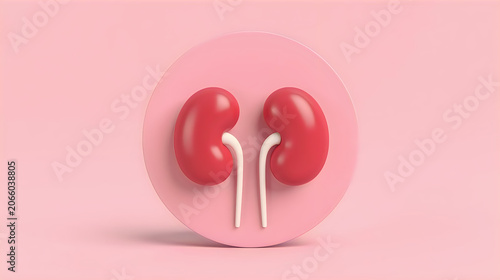 3D Red Glossy Kidney Icon with Ureters on Pastel Pink Background