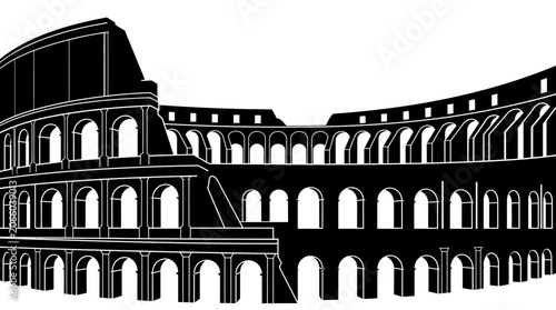 Black and white silhouette of the Roman Colosseum in Rome, Italy. Detailed architectural graphic showing the tiered stone arches and iconic ruins of the Flavian Amphitheatre.