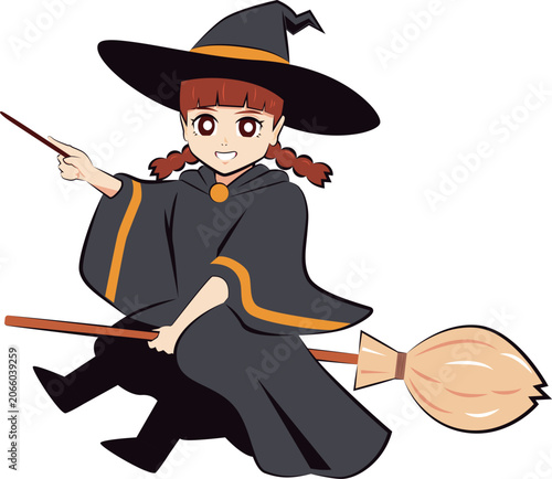 箒に乗った魔女の女の子