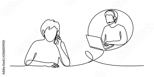 Continuous line drawing of a person talking on the phone to a customer service agent with a laptop