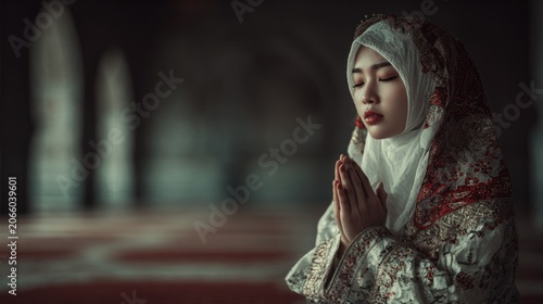 A serene muslim woman in hijab praying inside a mosque with tranquil devotion and solemn reverence