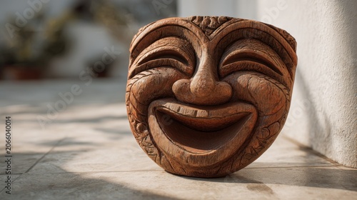 Handcrafted Wooden Tiki Mask with Smiling Face near a White Textured Wall