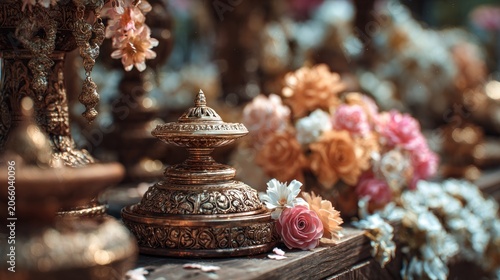 Elegance captured: Gilded ornaments amidst a floral dreamscape serenity