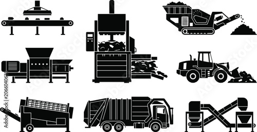 Photos Recycling and Waste Processing Equipment Silhouette Set with Shredder Crusher an
