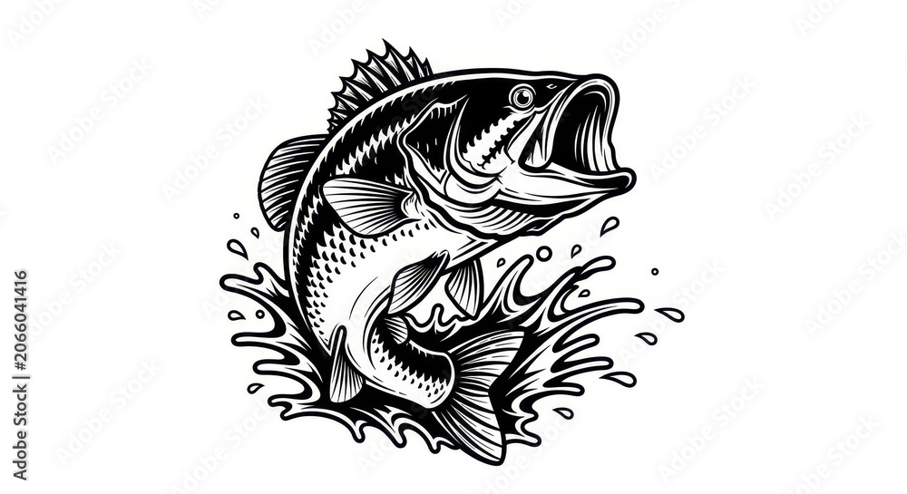 Fototapeta premium Largemouth Bass Jumping Out of Water Vector Illustration, Black and White Fishing Sport Logo Design