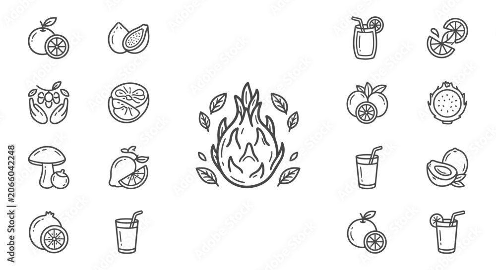 Fototapeta premium Black line art fruit and drink icons.
