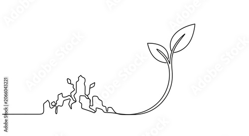 Tableau sur toile Single line drawing of a seedling emerging from cracked earth, symbolizing growth and new beginnings