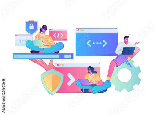 Programming teaching development flat character vector concept operation hand drawn illustration

