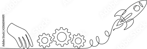 Single line depicting a hand manipulating gears that propel a rocket into the sky with swirling