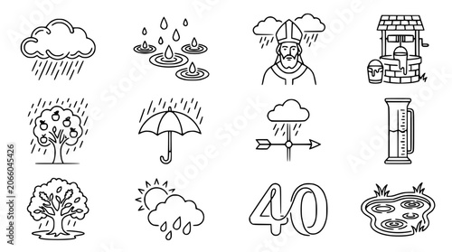 Foto Weather Icons Set: Rain, Clouds, Umbrella, Apple Tree, Well, Puddles, Meteorolog