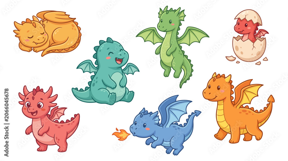 Obraz premium Set of colorful cute baby dragons in playful poses, cartoon fantasy creatures on white background