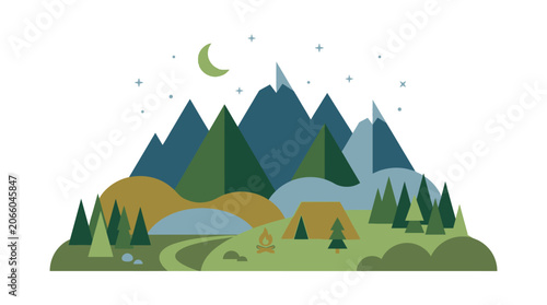 Illustration of a mountain landscape scene.