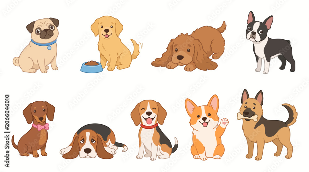 Fototapeta premium Collection of cute illustrated dogs of various breeds, including puppies, with bowls and toys