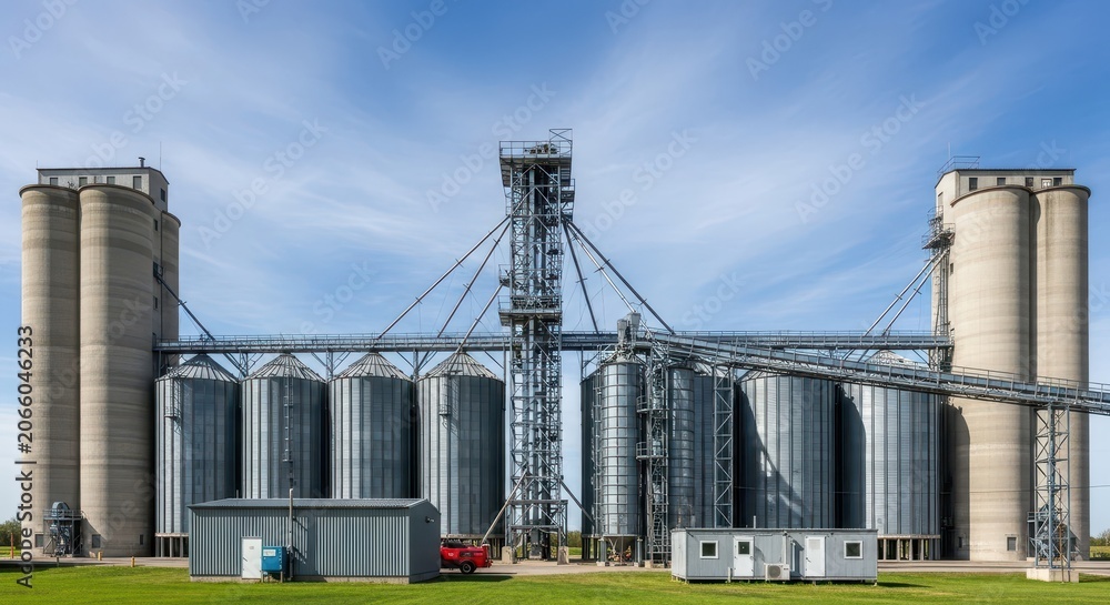 Fototapeta premium Large Industrial Grain Elevator and Storage Silos Complex under Clear Blue Sky for Agricultural Processing